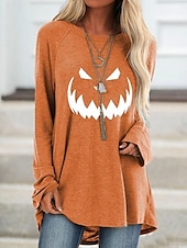 billige Kunst &amp; Design t-skjorte-Halloween Dame T skjorte Grafisk Halloween Årgang Stilfull Fritid Langermet Crew-hals Lange topper Daglig Trykt mønster Svart Hvit Gul Oransje Vår Høst