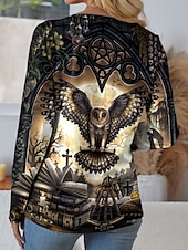 levne Boho tričko-Dámské tričko s potiskem zvířat, sova, módní ležérní, s dlouhým rukávem, kulatým výstřihem, běžné tílko, denní, víkendové, žluté, léto, jaro, podzim