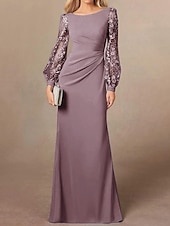 economico Lunghezza del pavimento-Abito Madre della Sposa Sheath  Column Blu Polveroso Elegante Semplice Minimalista Collo a Barchetta Lunghezza Piena Crepe Elasticizzato Manica Lunga con Ricamo in Pizzo