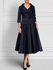 abordables Ensembles de robes pour maman-Ensemble de robes trapèze deux pièces, robe de mère de la mariée, élégante, revers, longueur au sol, longueur cheville, tissu extensible en satin, manches longues, bleu, noir, mariage d&#039;automne 2025