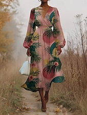 preiswerte Blumenkleid-Damen Midikleid Freizeitkleid Chiffon Schwingkleid Modern Urlaub Täglich Wochenende Normale Passform Blumen Leopard Langarm V Ausschnitt Weiß Rosa Fuchsie Sommer Frühling Herbst