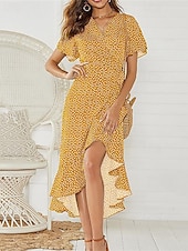 abordables Robes fleuries élégantes-Femmes Robe Midi Robe Décontractée Robe en Chiffon Robe d&#039;été Mode Extérieur Soirée Fête Coupe régulière À pois Manche Courte Col en V Blanche Jaune Rouge Vert Été Printemps