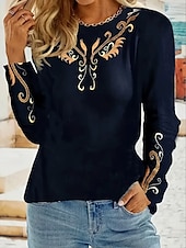 olcso Boho póló-Női póló Hosszú ujjú Kerek nyakú Hosszú ujjú Tunika Grafikus Növények Vintage Stílusos Kerek nyakú Szokványos felsők Napi Hímzett Nyomtatás Sötétkék Ősz Előőszi