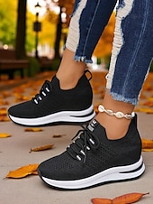 baratos Ténis de mulher-Tênis feminino flyknit com salto oculto, estilo esportivo com listras ousadas, perfeito para uso diário, caminhadas e passeios casuais