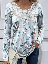 abordables T-shirt floral-Femmes Chemisier Fleuri Graphique Plantes ancien Mode Élégant manche longue Col ras du cou Hauts Réguliers Quotidien Sortir Week-end Dentelle Patchwork Imprimé Noir Rouge Bleu Ciel Bleu Poudré Vert
