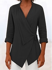cheap Plain Tops-Women&#039;s Blouse Solid Color Elegant Stylish Basic Long Sleeve V Neck Regular Tops Daily Holiday Tie Front Black Pink Blue Brown Gray Summer Fall