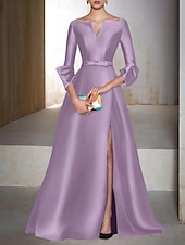 abordables Vestidos de Noche en A-Corte A Hasta el Suelo Vestidos de noche Corte Cenicienta Vestimenta formal Elegante Sedoso Manga 3/4 Escote en Pico Invitado a la boda Fiesta de Cóctel Satén con Abertura