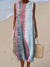 baratos Vestidos Listrados e Geométricos-Mulheres Vestido midi Vestidos Para o Verão Vestido de turno Vestido A Line Férias Casual Boho Para Noite Praia Ajuste Largo Gráfico Geométrica Sem Manga Crewneck Rosa Rosa Escuro Azul Roxo Verão