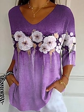 billige Blomstrete topper-Dame Bluse Blomstret Grafisk Årgang Tropisk Stilfull 3/4 ermer V-hals Vanlige topper Daglig Blå Lys Lilla Lilla Sommer Vår Høst