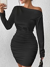 preiswerte Einfaches Kleid-Damen Minikleid Partykleid Gerafftes Kleid Mode Outdoor Party Ferien Normale Passform Einfach Langarm Schulterfrei Schwarz Sommer