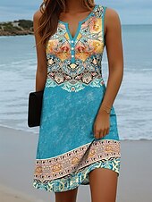 preiswerte Boho Kleider-Damen Minikleid Sommerkleid Shiftkleid Schulterfreies Kleid Urlaub Lässig Strand Täglich Ferien Normale Passform Grafik Geometrisch Ärmellos V Ausschnitt Rosa Blau Himmelblau Braun Sommer Frühling