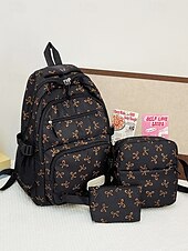 economico Zaini per Università-Set di 3 zaini scolastici per ragazze adolescenti: zaino in tela leggero con stampa di un grazioso fiocco rosa, borsa a tracolla di grande capacità e astuccio per matite, perfetto per la scuola, i viaggi e l&#039;uso quotidiano.