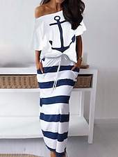 ieftine Rochie cu dungi și geometrică-Pentru femei Set de rochii Rochii Tricou Casual Dunga Cordon Imprimeu Rochie Maxi Manșon scurt De Pe Umăr În aer liber Zilnic Alb Albastru piscină Vară Primăvară Fit regulat