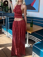 billiga Blusdräkter för kvinnor-Dam Aktiv Streetwear Blus Kjoluppsättningar Långärmad Halterneck Ensfärgat Rynkad Dagligen Ledigt / vardag Svart Vit Rodnande Rosa Sommar Normal