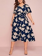 ieftine Rochii-Pentru femei Mărime Plus Rochie casual Floral În V Manșon scurt Vară Primăvară Elegant Modă Modern Casual Rochii Midi Zilnic Concediu Rochie