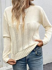 preiswerte Damen Einfache Oberteile-Damen Pullover Täglich Stilvoll Lässig Einfarbig Gerippt Rundhalsausschnitt Gestrickt Langarm Normale Oberteile Stricken Täglich Ferien Ausgehen Aprikose Frühling Herbst