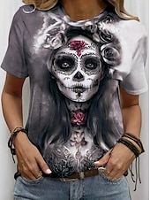 abordables Hauts d&amp;#39;Halloween-Halloween Femmes T-shirt Fleuri Graphique Crâne ancien Élégant Classique Manche Courte Col ras du cou Col rond Hauts Réguliers Quotidien Week-end Imprimé Noir Violet Gris Été Automne