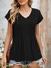 abordables T-shirt uni-Femmes Hauts d&#039;été Couleur Unie Élégant Occasionnel Manche Courte Col en V Hauts Réguliers Quotidien Froncé Vert cendré Noir Blanche Vin Été Printemps