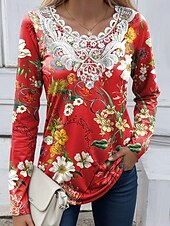 abordables T-shirt floral-Femmes Chemisier Fleuri Graphique Plantes ancien Mode Élégant manche longue Col ras du cou Hauts Réguliers Quotidien Sortir Week-end Dentelle Patchwork Imprimé Noir Rouge Bleu Ciel Bleu Poudré Vert