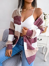 ieftine Cardigane și îmbrăcăminte exterioară-Pentru femei Pulover Bluza Elegant Modă Șic Stradă Dungi Culoare pură Deschis frontal Tricotat Manșon Lung Topuri obișnuite Tricotat În aer liber Zilnic Sfârșit de săptămână Negru Roșu Vin Toamn