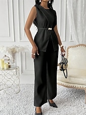 billiga breda ben och hög midja-Dam Elegant Mode Byxuppsättningar Bolero Top Ärmlös Rund hals Ensfärgat Semester Ledigt / vardag Svart Vit Rubinrött Sommar Normal