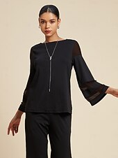 billiga Tvådelade set-Dam Vardaglig stil Chiffong Huvudstad Enfärgad / vanlig färg Dagliga kläder Datum Utekväll Illusion ärm Svart Vit Marinblå Crewneck Ren färg Ledig Långärmad Elegant Ledigt vardag Rund hals Vår