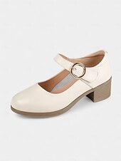 levne Block Heels-Dámské Podpatky Bílé boty Kancelář Práce Přezky Blokovat patu Oblá špička Pohodlné Chůze Kůže Spona Černá Béžová