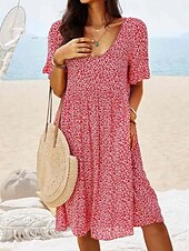 abordables Robes fleuries-Femmes Mini Robe Robe ajustée et évasée Occasionnel Extérieur Sortir Coupe régulière Fleuri Manche Courte Col Rond Bleu Ciel Jaune Rouge Bleu de minuit Été Printemps