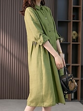 ieftine proiectează rochii din bumbac și in-Pentru femei Rochii Midi Rochie A line Rochie de vară Casual Zilnic Fit regulat Simplu Lungime Manșon 3/4 Rever Roz Îmbujorat Trifoi Vară Primăvară Toamnă