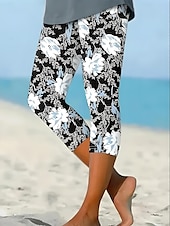 ieftine imprimare florală-Woman&#039;s Leggings Capri Pants Înaltă Elasticitate Vacanță Modă Hawaiian Lungime până la glezne Talie Medie Imprimare Florală Termic Călduros Respirabil Moale  Vacanță Casual Zilnic Gri Cenușiu Vară