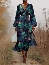 ieftine Rochie Artă și Design-Pentru femei Rochii Midi Rochie casual Șifon Rochie leagăn Modern Vacanță Zilnic Sfârșit de săptămână Fit regulat Geometric Manșon Lung În V Albastru piscină Mov Maro Trifoi Vară Primăvară Toamnă