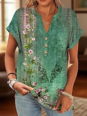 abordables T-shirt floral-Femmes Chemise en coton Fleuri Graphique ancien Tropical Élégant Manche Courte Col en V Hauts Réguliers Quotidien Imprimé Noir Jaune Rouge Bleu Vert Été Printemps
