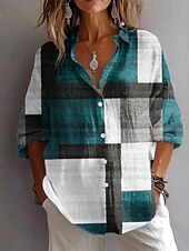 tanie Paski i geometryczne topy-Damskie Koszula Graficzny Geometryczny Kratka Zabytkowe Codzienny Elegancki Długi rękaw Kołnierzyk koszuli Zwykłe topy Praca Codzienny Święto Guziki Nadruk Wino Brudny błękit Fiołkowy Lato Wiosna