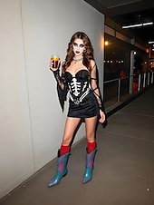 abordables Para mujeres-Botas vaqueras azules occidentales para mujer con bordado de esqueleto rosa: botas de media pantorrilla con tacón grueso para disfraz gótico de Halloween, ideal para cosplay, conciertos y festivales