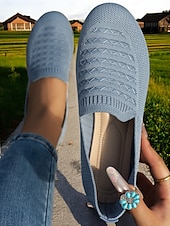 levne Dámské boty s plochou podrážkou-Dámské prodyšné ležérní balerínky z flyknit – lehké nazouvací boty s kulatou špičkou na chůzi, cestování a každodenní pohodlí