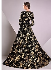 economico ROSSO-Abito da sera elegante con stampa floreale in oro e cravatta nera, a trapezio, lungo fino al pavimento, manica lunga, scollo a V, tasca in nylon 2025