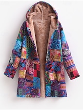 abordables Sudaderas forradas de forro polar-Mujer Abrigo Mantiene abrigado Cómodo Botones Estampado Casual Floral Noche Casual Diario Botonadura Simple Largo Con Capucha Ajuste regular Manga Larga Ropa de calle Amarillo Rojo Azul Piscina Otoño