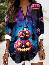 abordables Hauts d&#039;Art et de Design pour Femmes-Halloween Femmes Chemisier Graphique ancien Élégant Occasionnel manche longue Col en V Hauts Réguliers Quotidien Fête Imprimé Noir Bleu Bleu Poudré Violet Orange Été Printemps Automne