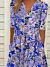 preiswerte Lässige Blumenkleider-Damen Midikleid Freizeitkleid Sommerkleid Shiftkleid A Linie Kleid Urlaub Lässig Normale Passform Blumen Grafik Halbarm Einkerbiger Ausschnitt Purpur Sommer Herbst