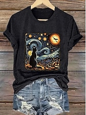 abordables Hauts d&amp;#39;Halloween-Halloween Femmes T-shirt Graphique Crâne Chat ancien Élégant Classique Manche Courte Col ras du cou Col rond Hauts Réguliers Quotidien Week-end Imprimé Noir Blanche Bleu Orange Gris Été Automne