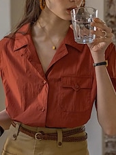 preiswerte Damen Einfache Oberteile-Damen Hemd Bluse Einfach Modern Lässig Kurzarm Hemdkragen Normale Oberteile Ferien Ausgehen Tasche Knöpfe Wein Sommer