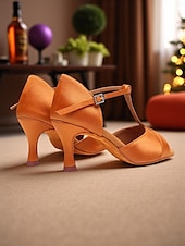 economico Scarpe per balli latini-Scarpe da ballo latino da donna - eleganti tacchi a spillo con cinturino a T in raso e fibbia regolabile, comode calzature da ballo da sala e salsa per balli professionali e sociali