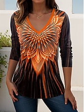 abordables T-shirt Art &amp; Design-Femmes T-shirt A Ombre Fleuri Graphique Élégant ancien manche longue Col ras du cou Col en V Hauts Réguliers Quotidien Imprimé Noir Orange Été Printemps