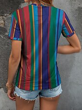 ieftine Tricou cu dungi și geometric-Pentru femei Tricou Grafic Geometric Dungi Epocă Stilat Clasic Manșon scurt În V Topuri obișnuite Zilnic Imprimeu Galben Roșu-aprins Albastru piscină Mov Trifoi Vară Primăvară
