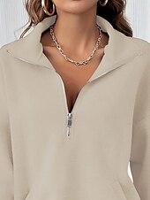baratos Tops Simples-Mulheres Moletom Tecido Casual Manga Longa Gola Alta Tops regulares Rua Dia a Dia Patchwork Zíper Preto Fúcsia Cinzento Escuro Bege Cinzento Outono Inverno