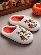 abordables Pour les femmes-Chaussons unisexes en polaire brodés pour chien d&#039;Halloween – chaussures d&#039;intérieur confortables avec motif citrouille pour femmes et hommes