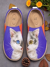 tanie Mokasyny i trzewiki damskie-Kolorowe, wsuwane buty damskie Cat by Kayomi Harai z nadrukiem kota – urocze, codzienne mokasyny dla miłośniczek kotów, idealne na co dzień, w podróż i na weekendowe wyjścia