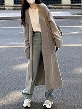 tanie Kardigany i odzież wierzchnia-Damskie Sweter Sweter rozpinany Moda Moda miejska Codzienny Jednokolorowe Prążkowany Otwarty przód Dzianiny Długi rękaw Długie topy Robić na drutach Święto Wyjściowe Weekend Żółtobrązowy Ciemnoszary