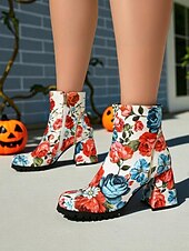 preiswerte Für Frauen-Damen-Stiefeletten mit Totenkopf- und Rosen-Print für Halloween – Stiefeletten mit klobigem Blockabsatz und seitlichem Reißverschluss im Gothic-Stil für Cosplay, Partys und Herbstfestivals