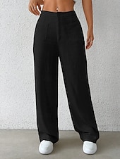 preiswerte Schlichte Hose aus Baumwollleinen-Damen Weites Bein Chinos Mode Basic Lässig Volle Länge Mittlere Taillenlinie Einfarbig Tasche Komfort Außenbereich Unelastisch Urlaub Straße Täglich Schwarz Weiß Blau Aprikose Sommer Frühling Herbst